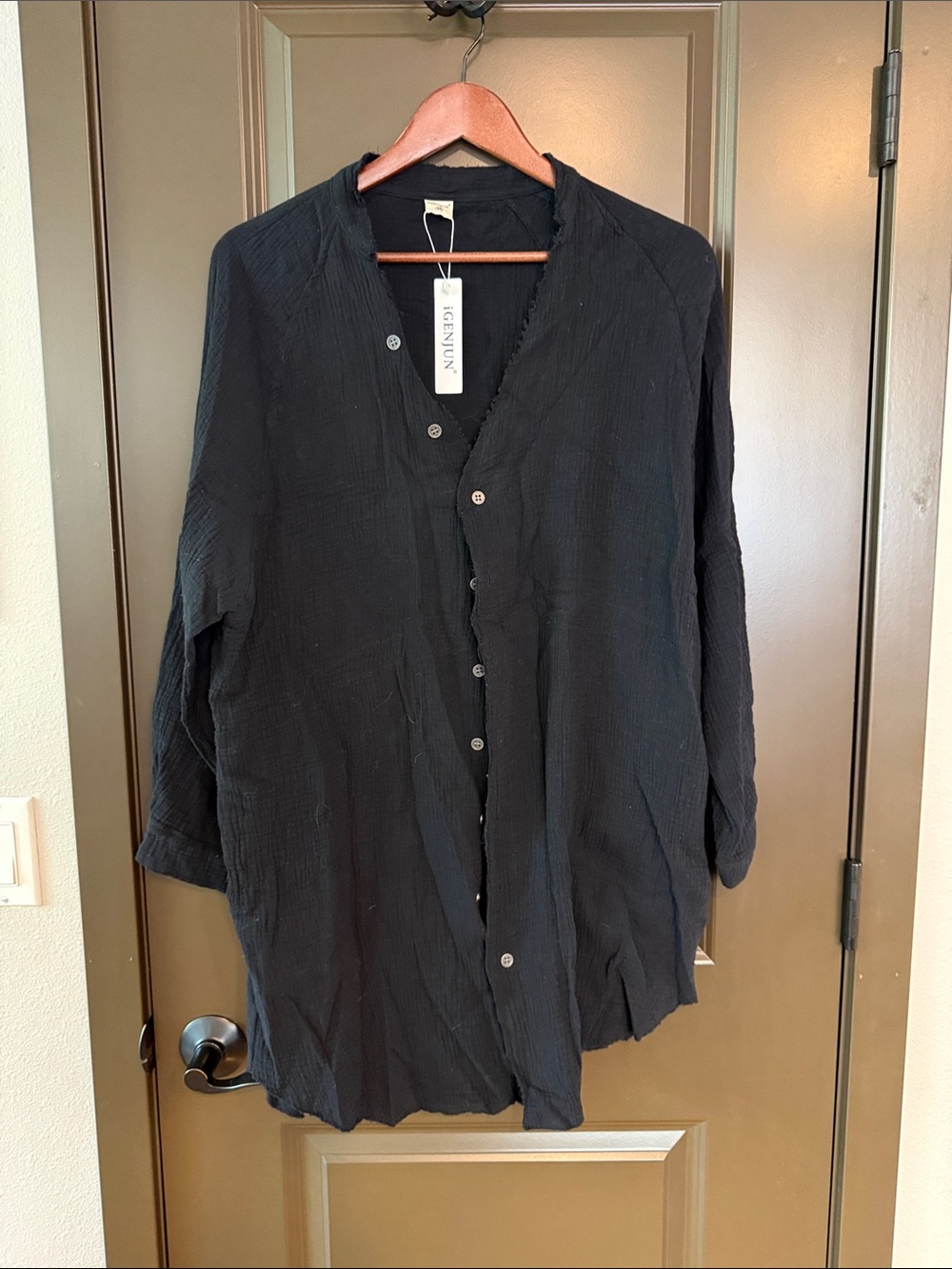 GENUN Linen-Texture Black Women’s Swim Coverup Shirt
